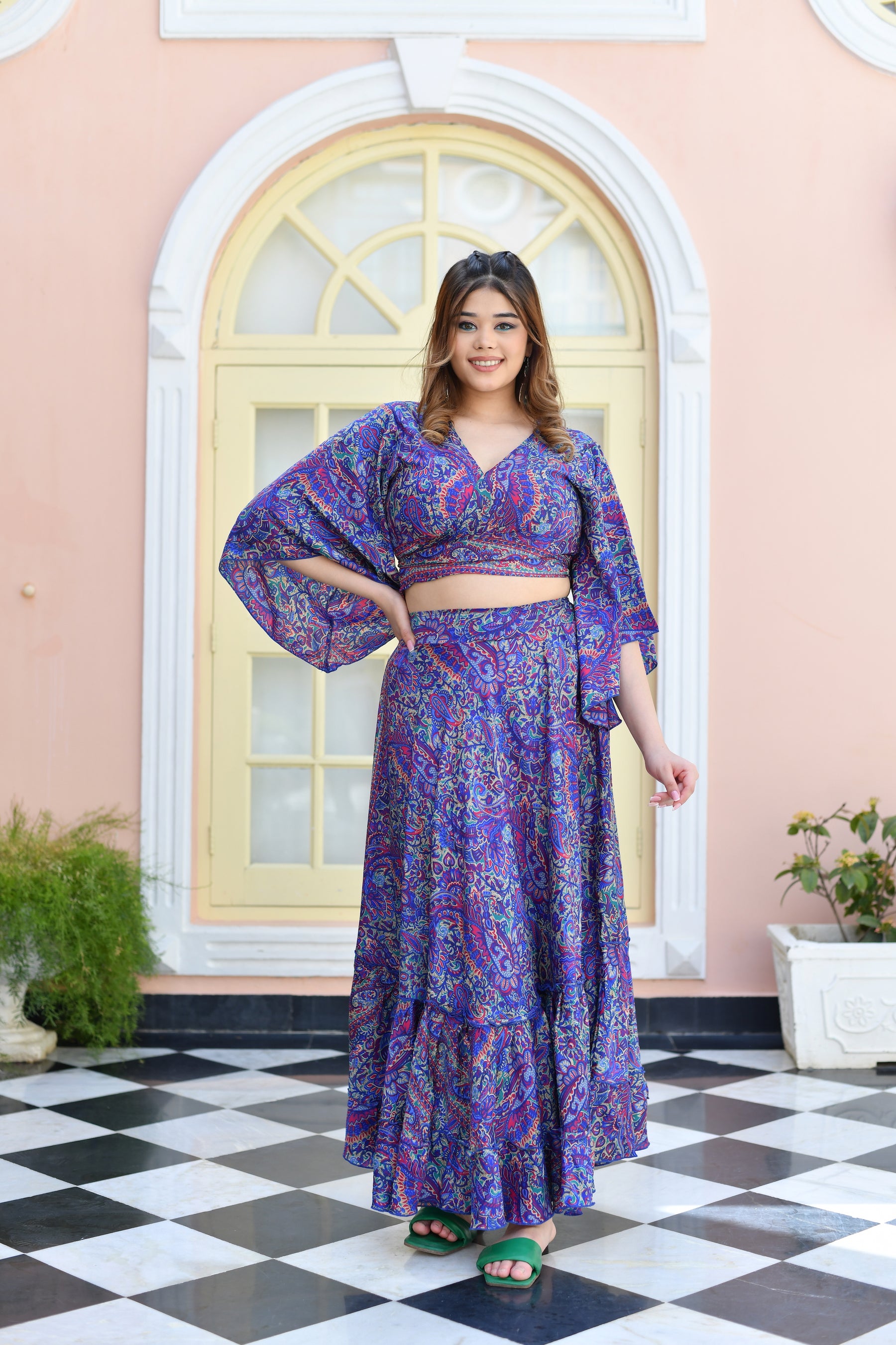 Wrap Top and Boho Printed Skirt Co-ord Set in Blue1