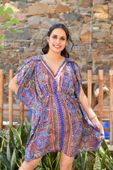 Kaftan Pattern Embroidered Short Dress in Blue