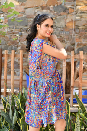 Kaftan Pattern Embroidered Short Dress in Blue
