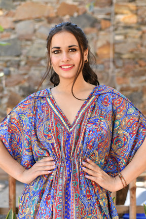 Kaftan Pattern Embroidered Short Dress in Blue