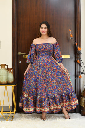 Off- Shoulder Boho Printed Maxi Dress -Bluebell Bliss SmisingBee