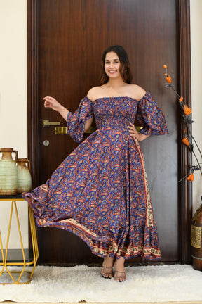 Off- Shoulder Boho Printed Maxi Dress -Bluebell Bliss SmisingBee