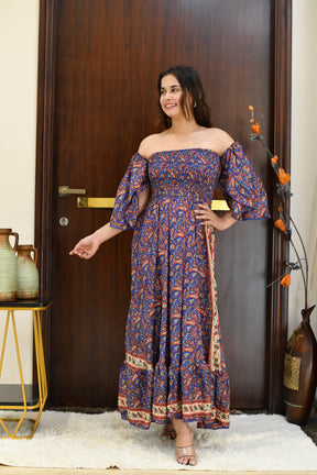 Off- Shoulder Boho Printed Maxi Dress -Bluebell Bliss SmisingBee