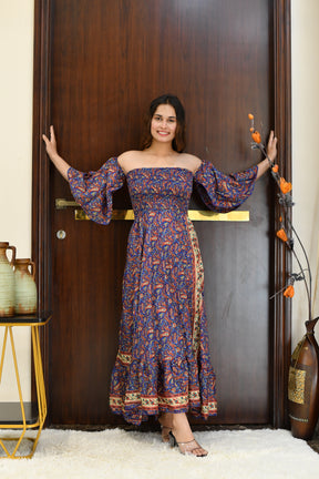Off- Shoulder Boho Printed Maxi Dress -Bluebell Bliss SmisingBee