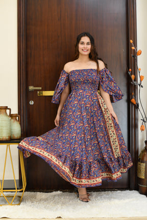 Off- Shoulder Boho Printed Maxi Dress -Bluebell Bliss SmisingBee