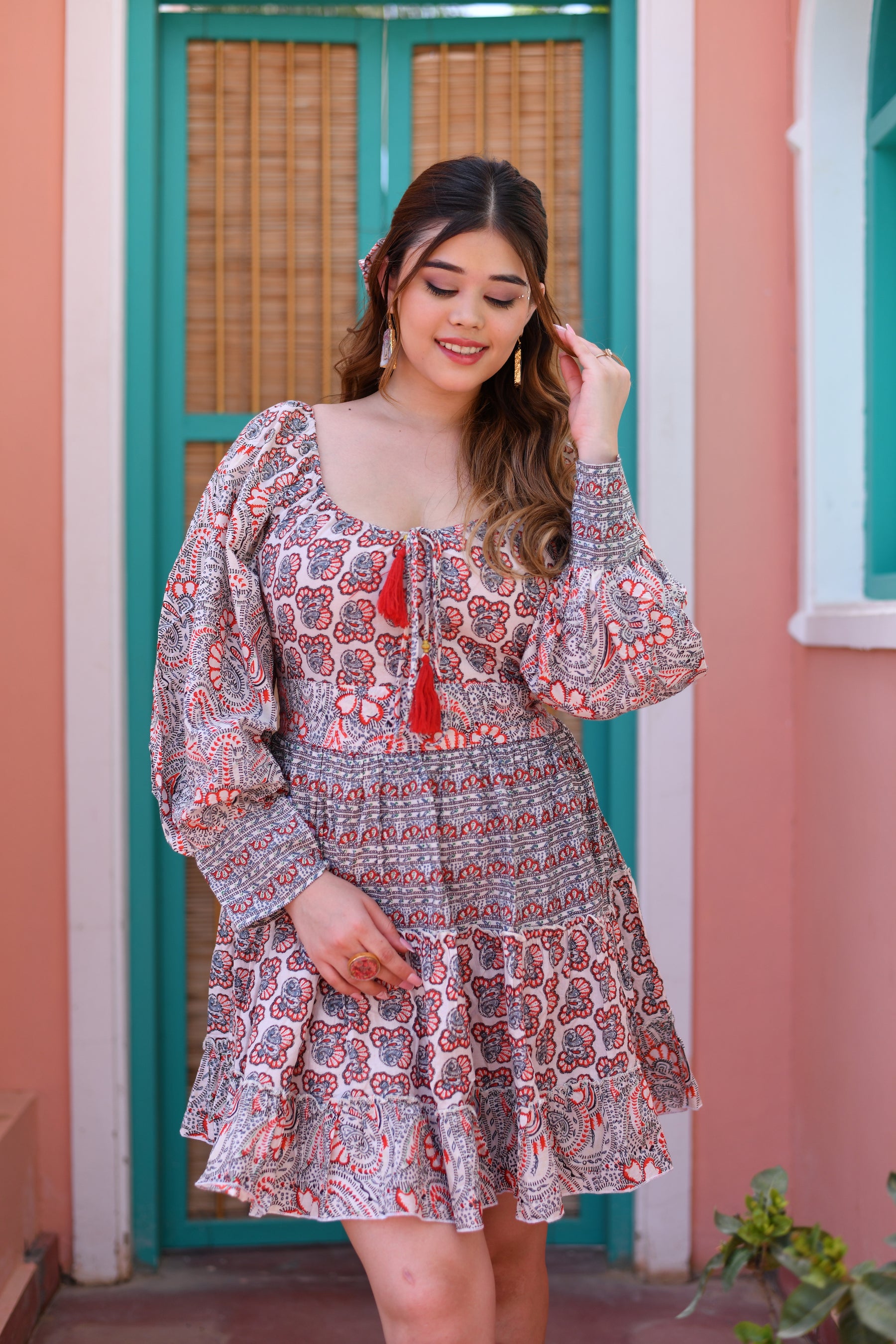 Crimson Bloom Puff Sleeves Cotton Short Dress Crimson Bloom Puff Sleeves Cotton Short Dress