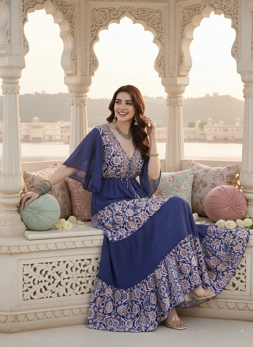 Boho Printed Embroidery Hand Work Butterfly sleeves maxi dress in Boheme Royale