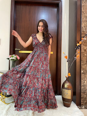 Classic Charm Boho Printed Maxi Dress - Cocoa Delight Dress