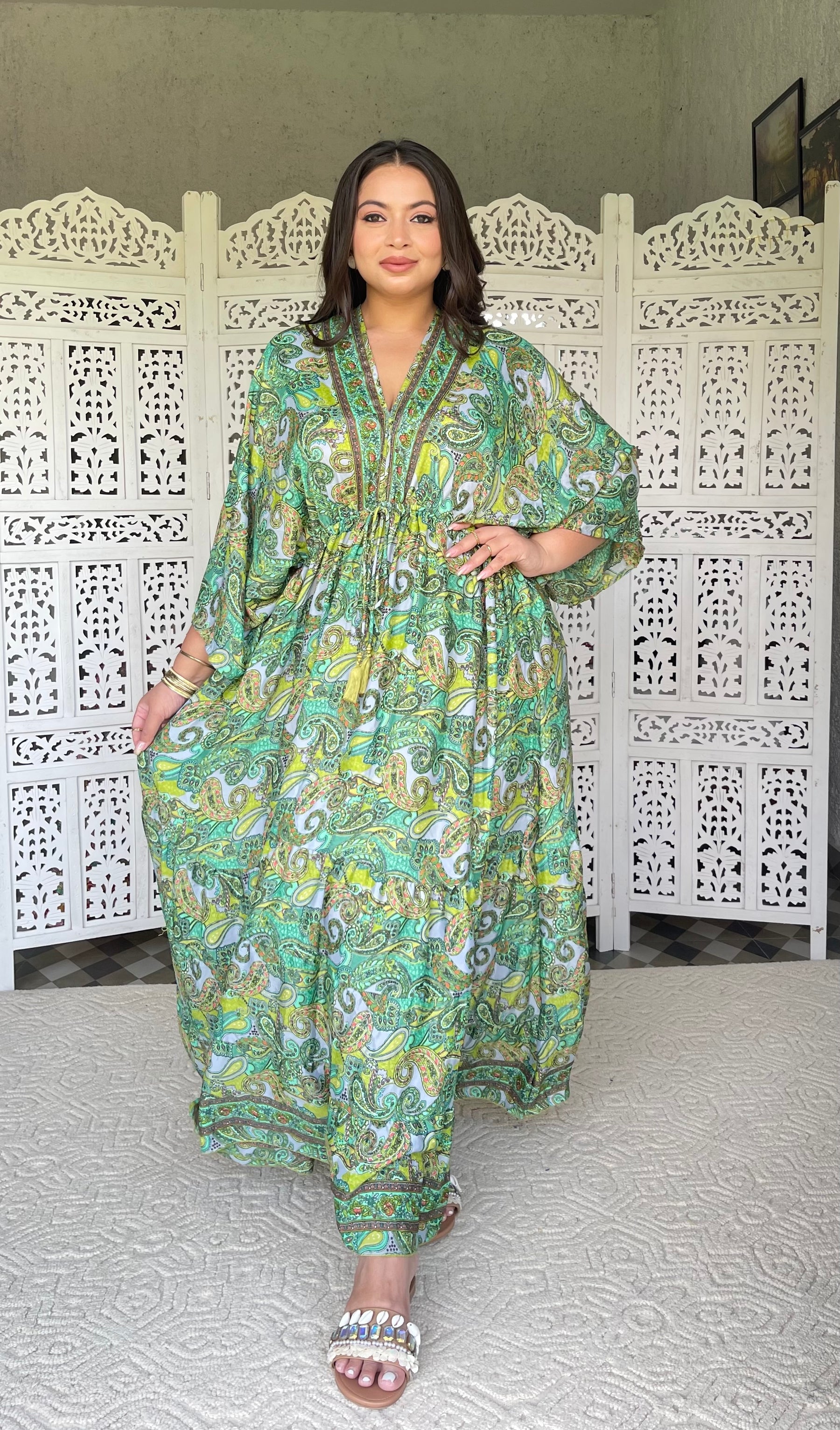 SmisingBee Curve Kaftan Pattern Boho Printed Maxi Dress - Enchanted Forest