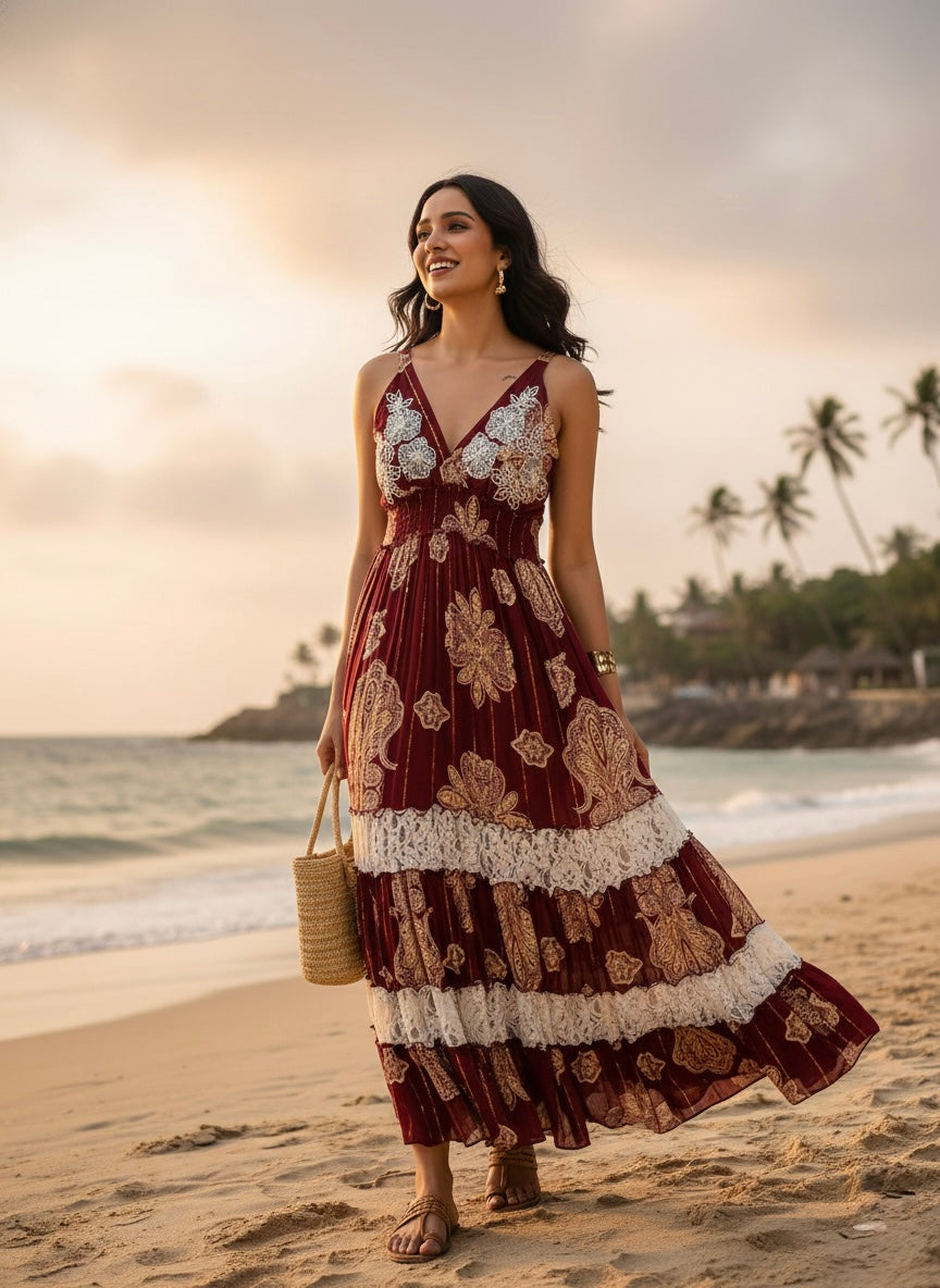 V Neck Embroidery Hand Work Boho Printed Maxi Dress- Crimson Whispers
