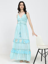 V Neck Embroidery Hand Work Boho Printed Maxi Dress- Bluebell Dusk