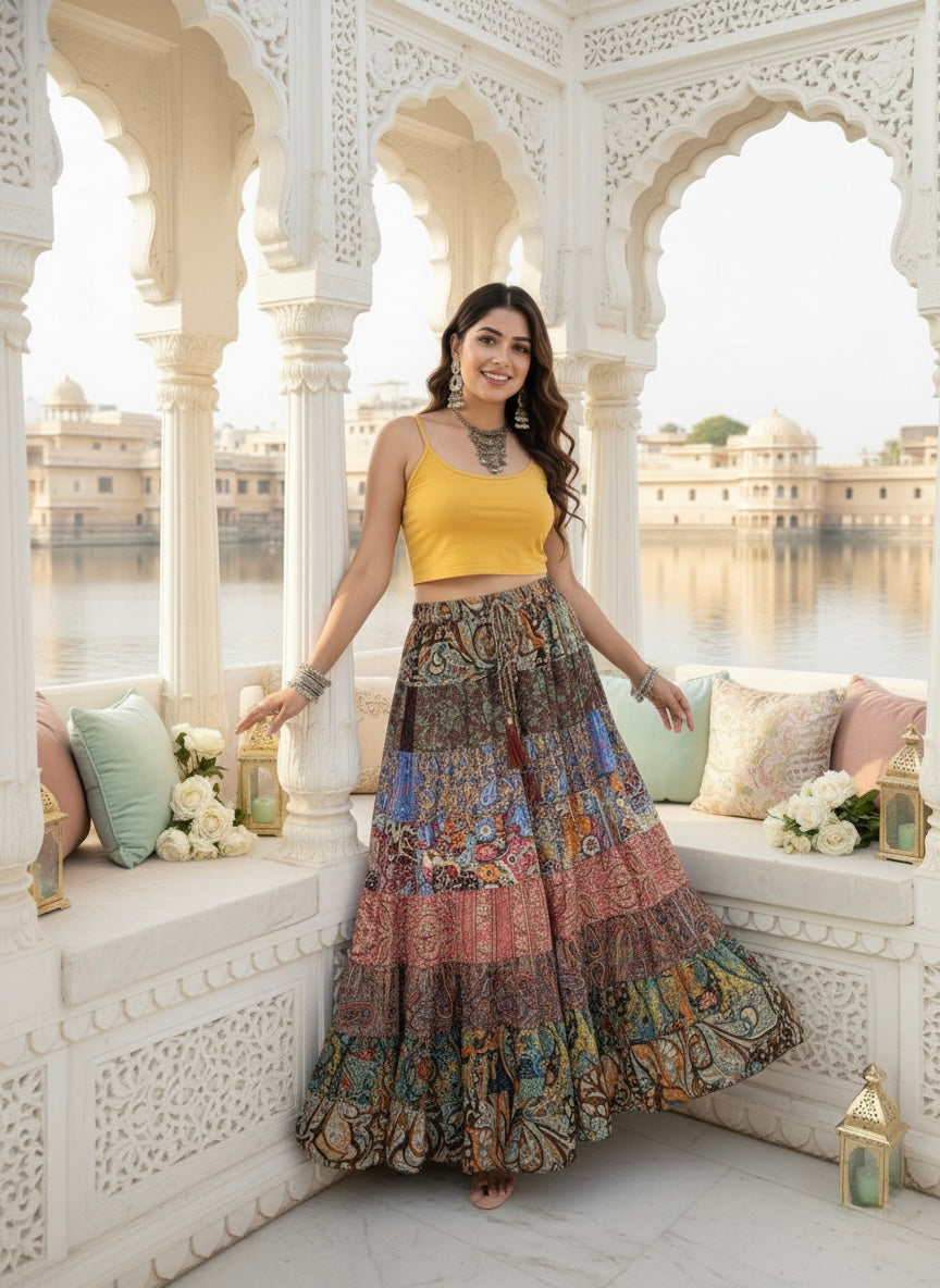 🔥Trending - Multi Panel Boho Printed  Long Skirt - Chromatic Nightfall