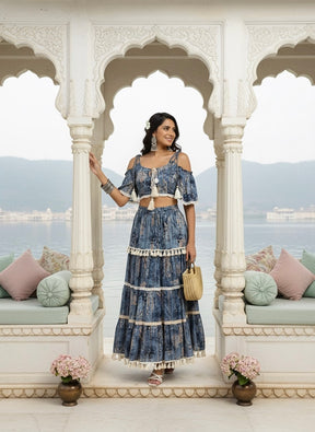 Printed Boho Two Peice Co-ord Set in Teal Blue