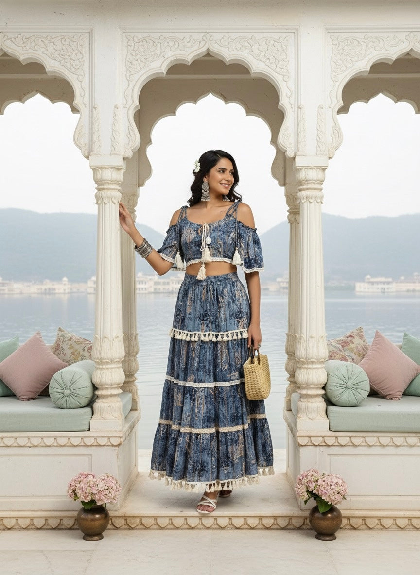 Printed Boho Two Peice Co-ord Set in Teal Blue