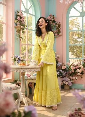 Schiffli Work Bell Sleeves Maxi Dress - Marigold Flare