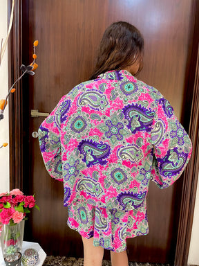 Puff Sleeves Kimono and Shorts Coordinate Set (3 Piece)- Pink