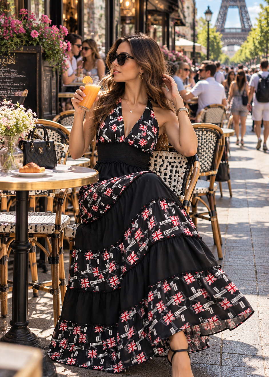 🇬🇧Halter Neck Multi Panel Boho printed Maxi Dress in London Luxe Boho