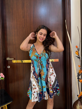 Frilled Flair Back Boho Printed Short Dress- Starlight SmisingBee