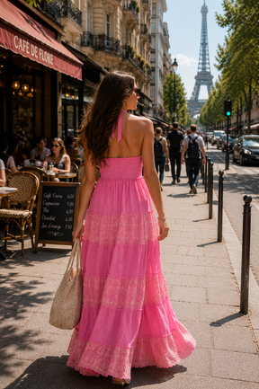 Halter Neck Multi Panel Embroidery Work Boho Maxi Dress in Pink Lumière 🌸