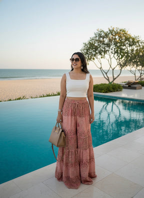 Ruffle Panel Boho Printed Palazzo - Peach