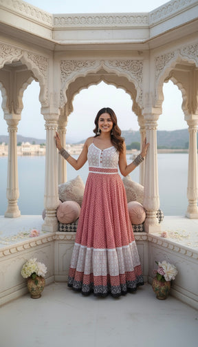 Peachy Petals Lace Featured Cotton Long Dress