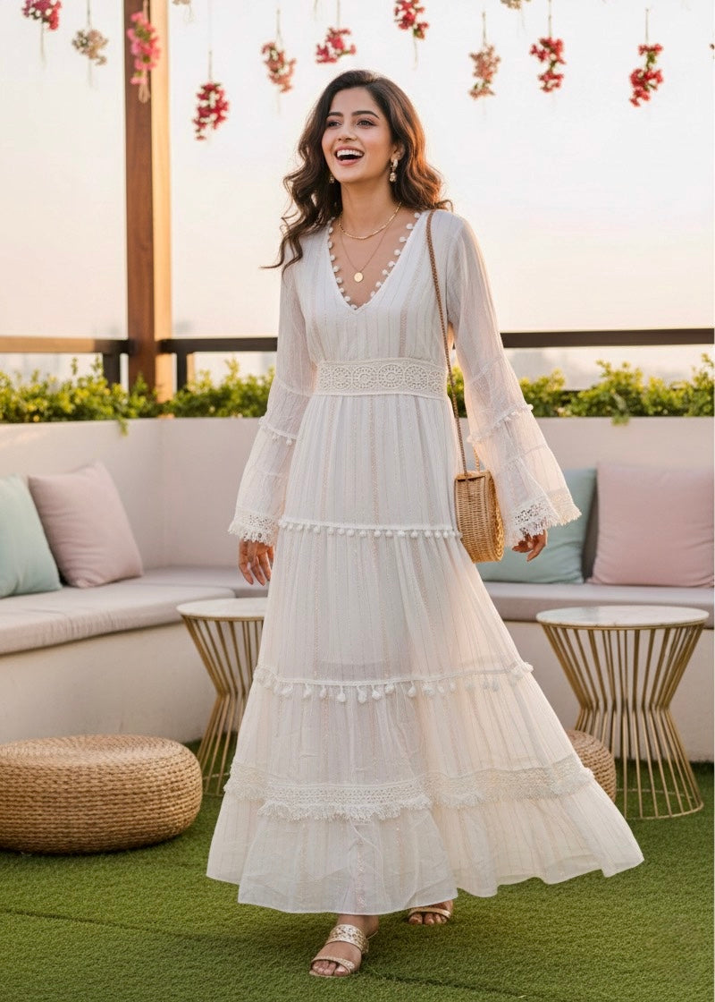 Boho Lurex Delight Maxi Dress with Bell Sleeves