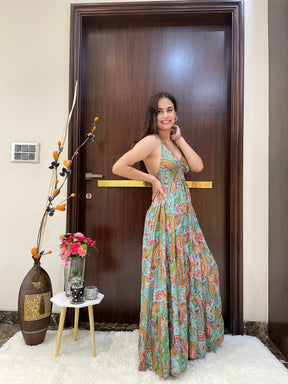 Halter Neck Multi Panel Boho printed Maxi Dress In Blue