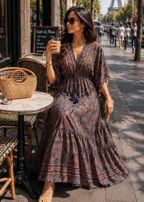 Boho Printed Kaftan Maxi Dress in     Rust & River