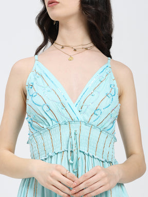 V Neck Embroidery Hand Work Boho Printed Maxi Dress- Bluebell Dusk