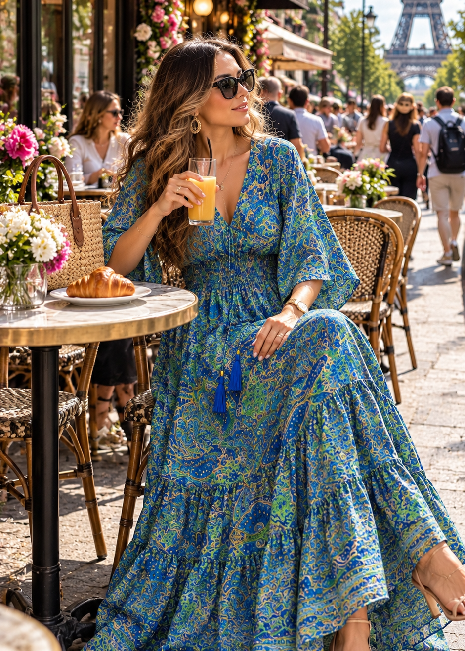 💙Hand Work Embroidered Kaftan Boho Printed Maxi Dress in Blue Moon