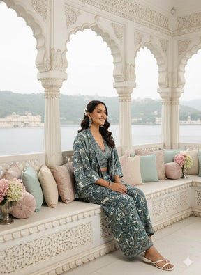 Boho Printed Bell Sleeves Kimono Coordinate Set - Teal Mirage