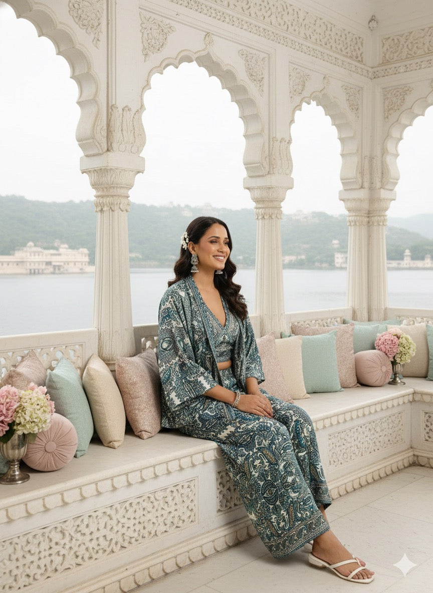 Boho Printed Bell Sleeves Kimono Coordinate Set - Teal Mirage