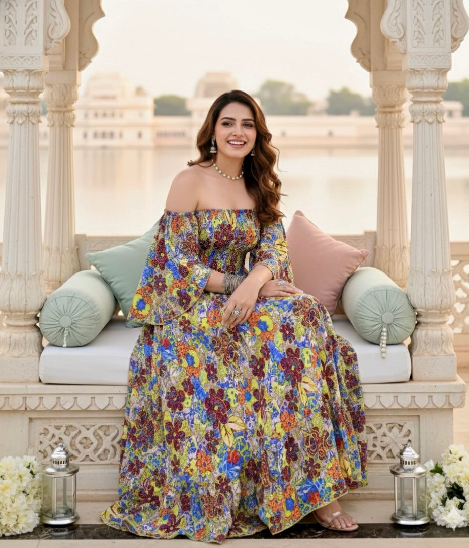 Bare-Shoulder Beauty Dress - Emerald Flora