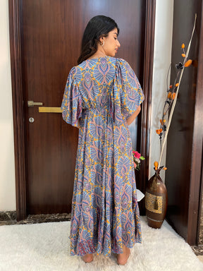Deep V neck gold (foil) print featured boho maxi dress-Smisingbee
