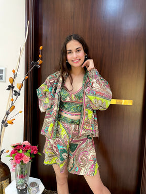 Puff Sleeves Kimono and Shorts Coordinate Set (3 Piece)- Green