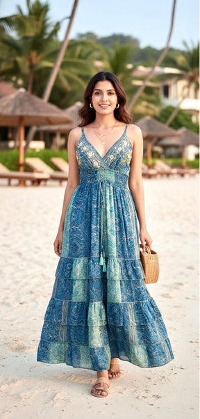 🔥Trending - Two-Shade Azure Boho Maxi Dress