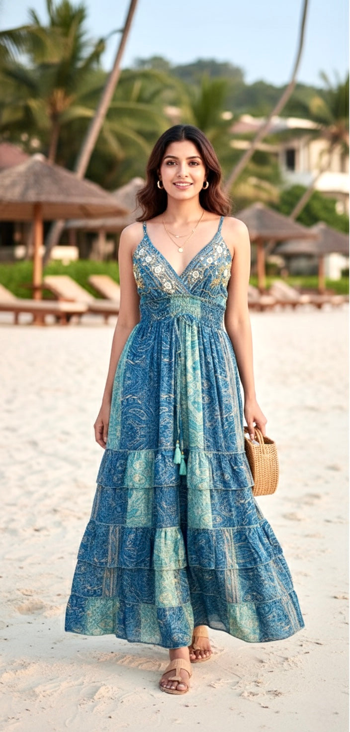 🔥Trending - Two-Shade Azure Boho Maxi Dress