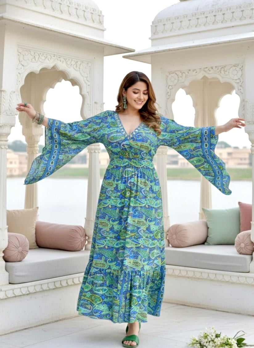 ⬆️Rising - Embroidery Neckline Boho Printed Maxi Dress