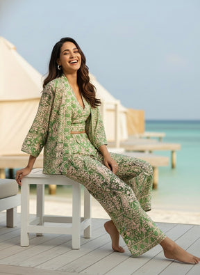 Boho Printed Bell Sleeves Kimono Coordinate Set - Mint Mirage