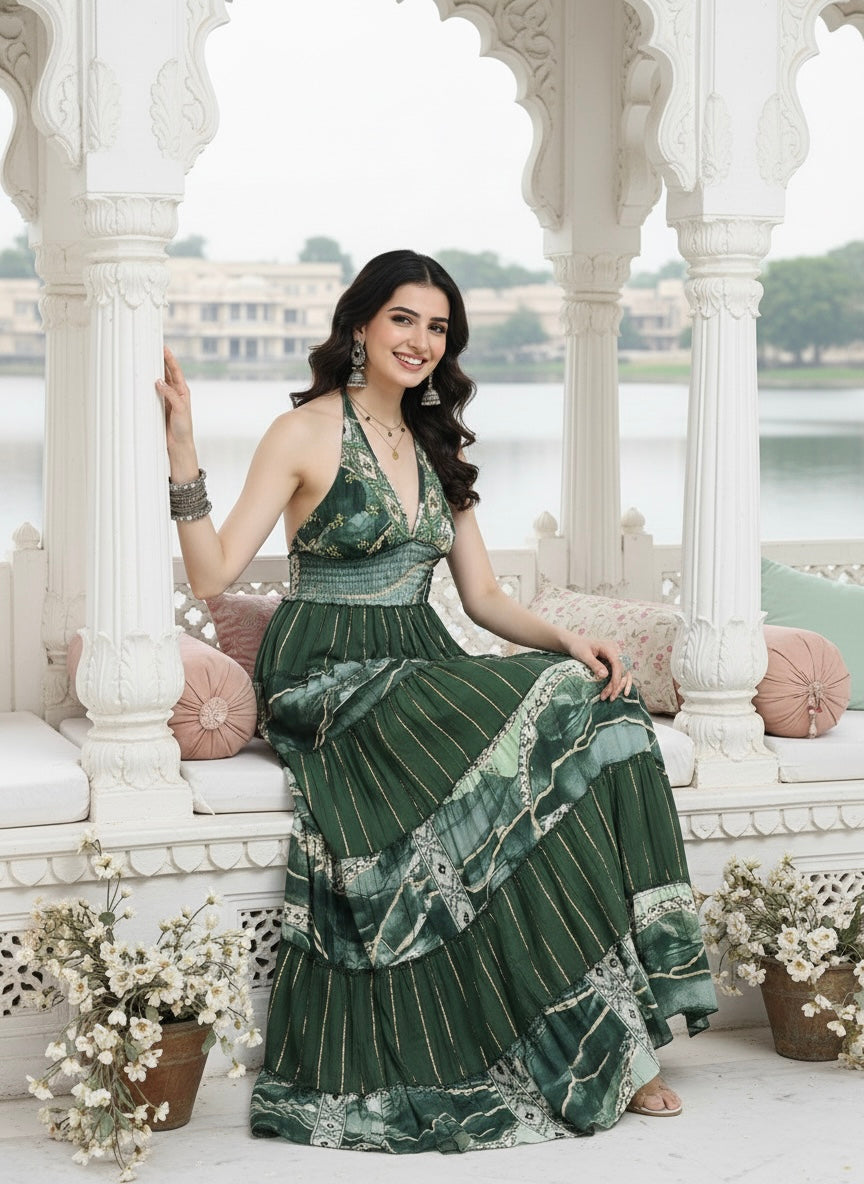 Halter Neck Multi Panel Embroidery Hand Work Boho printed Maxi Dress in Forest Reverie