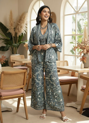 Boho Printed Bell Sleeves Kimono Coordinate Set - Teal Mirage