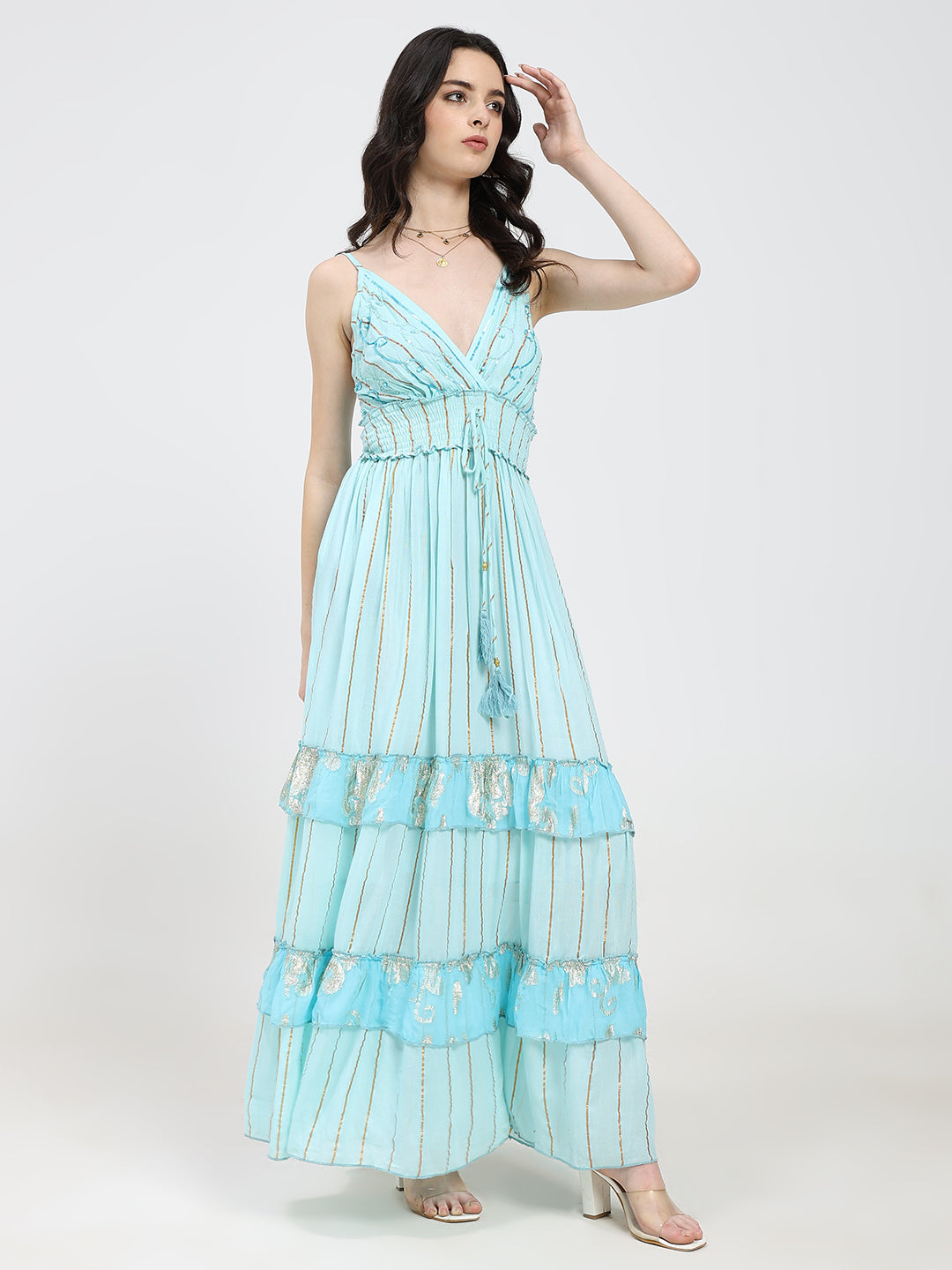 V Neck Embroidery Hand Work Boho Printed Maxi Dress- Bluebell Dusk