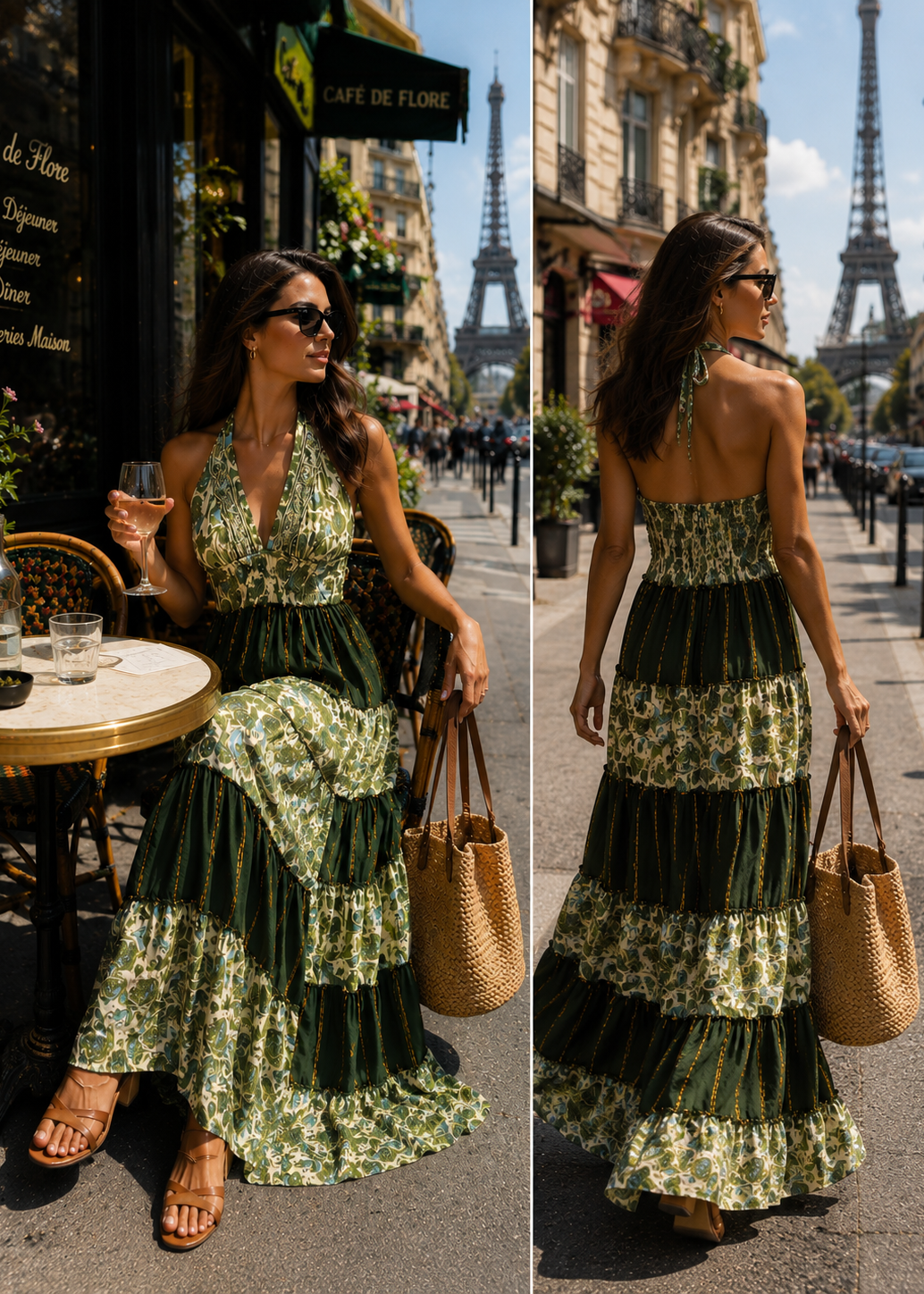 Halter Neck Multi Panel Embroidery Hand Work Boho printed Maxi Dress in Olive Reverie