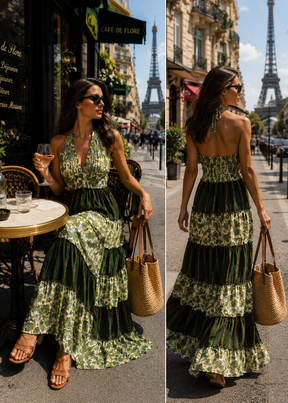 Halter Neck Multi Panel Embroidery Hand Work Boho printed Maxi Dress in Olive Reverie
