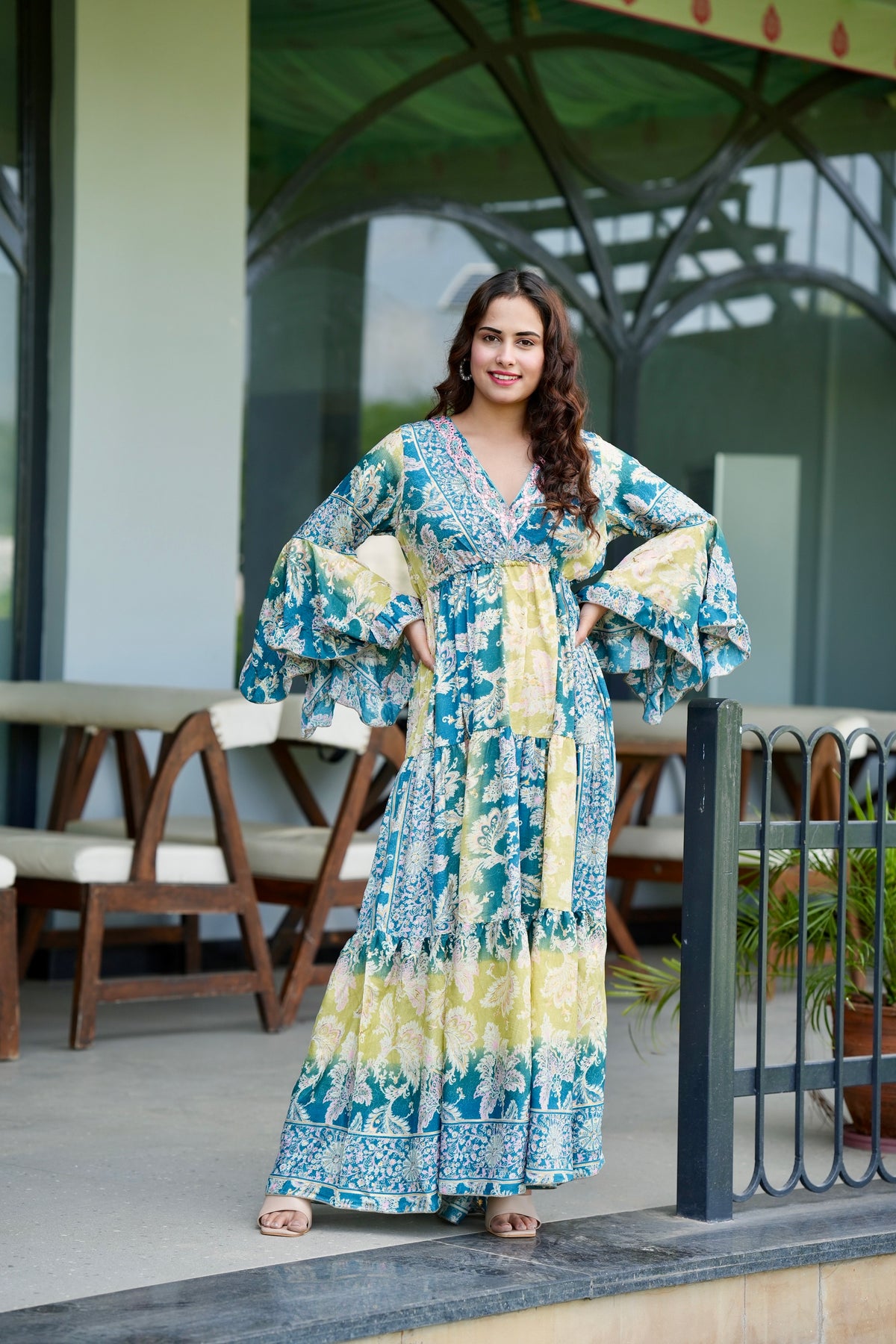 Ruffle Sleeves Boho Maxi Dress- Aqua Meadow SmisingBee