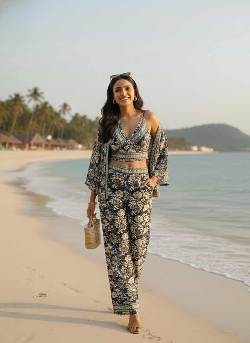 Boho Printed Bell Sleeves Kimono Coordinate Set - Blue Mirage