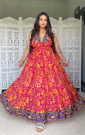 Halter Neck Multi Panel Boho printed Maxi Dress - Sunset Splendor