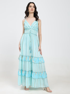 V Neck Embroidery Hand Work Boho Printed Maxi Dress- Bluebell Dusk