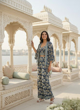 Boho Printed Bell Sleeves Kimono Coordinate Set - Blue Mirage