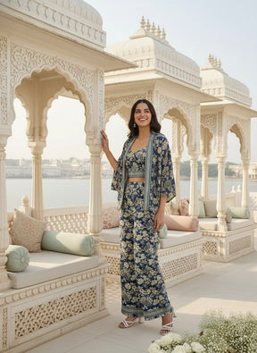 Boho Printed Bell Sleeves Kimono Coordinate Set - Blue Mirage